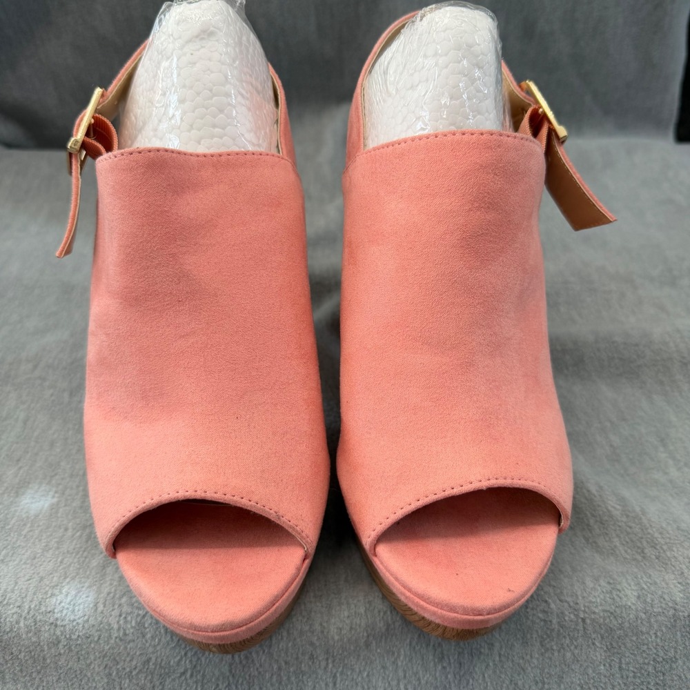NY&C Platform Sandals 8 Pink Faux Suede Wood Heel CottageCore Peep Toe Coquette - Picture 3 of 10
